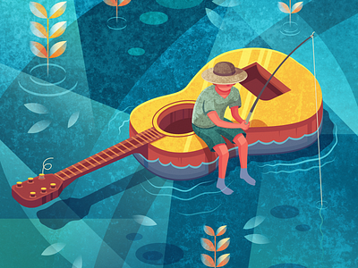 Fishing for Inspiration boat fishing guitar illustration inspiration music vector water