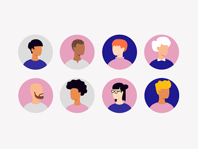 Avatar design avatar character diversity faces group icons men pink purple ui vector women