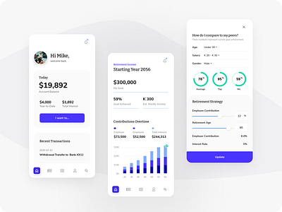 Retirements Savings Account - Mobile banking app banking dashboard bar chart bar charts dashboard ui data visualization donut chart investment app mobile mobile app modern portal product design ui ux