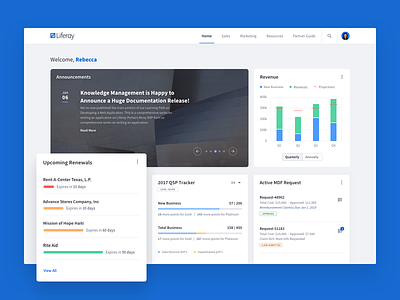 Partner Portal Home – Liferay bar graph announcements blue chart dashboard home page carousel liferay partner portal ui ux web