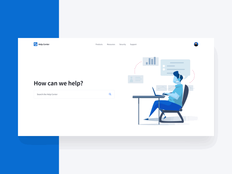Home Page from the Liferay Help Center announcements card ui customer support help center hero area illustration modern ui search bar ui ux web animation