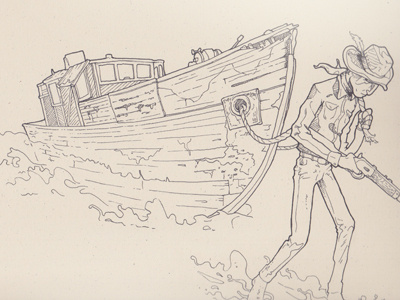 Burning Sands boat cowboy gun illustration