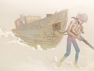 Burning Sands boat cowboy gun illustration