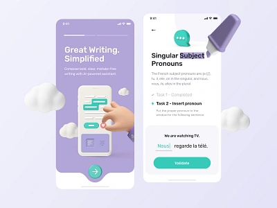 Improve your Writing - Mobile App 3d app app design application concept creative french grammar illustration learn mobile mobile app mobile ui onboarding product design pronouns task ui ux writing