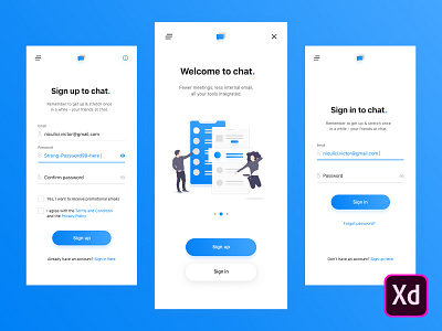 Signup for chat app adobe xd adobexd app app design clean design illustration intro iphone login minimal mobile modern onboarding register sign in sign up ui welcome screen xd