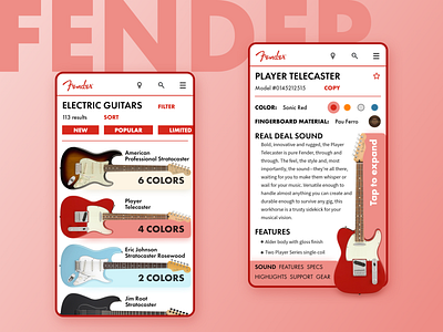 Fender online shop redesign v.1 adobexd color concept design fender flat guitar mock up music online shop pink product catalog product page project prototype redesign stratocaster telecaster ui web