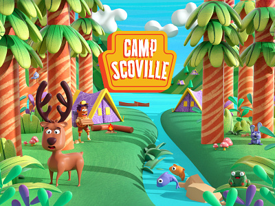 Camp Scoville! 3d c4d character color crazy deer fire fish forest forest animals illustration plants spicy
