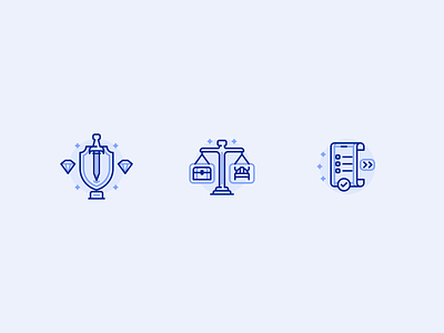 Outline Monochrome Icons for a Client 2d balance blue demiplane diamond dungeons and dragons flat icon illustration line monochrome outline scale scales set stroke sword treatment treaty