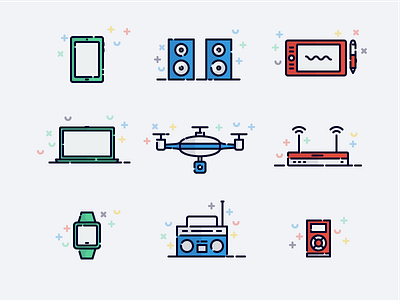 Technology Themed Icons/Illustration 2d colored colorful device flat icon illustration line set stroke techno technology