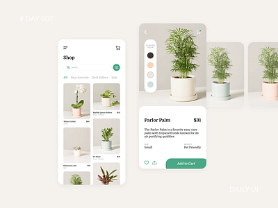 Daily UI 007 - Plant Shop Mobile App app design dailyui ecommerce green minimal mobile online shop online store plants shopping ui