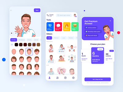 Sticker maker (Get stickers with your face) - Design concept access app blue character choose create new design emoji figma flat interface mobile premium purple red sticker tools ui ux yellow