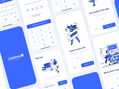 Lifetime+ Digital Lab (Sign up and Onboarding) android app blue figma first screen flat health illustration inspiration interface ios lab medical onboarding registration sign in sign up steps ui ux