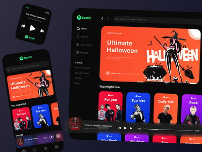 Spotify Redesign Concept (Halloween Mood) app apple watch applemusic dashboard desktop figma flat halloween interface itunes mobile mobileapp music redesign song sound spotify ui ux watch