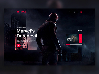 Netflix redesign concept after effects app concept daredevil design dribbble figma flat interface landing marvel netflix photoshop pink red redesign sketch ui ux web