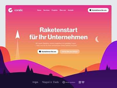 Website Header for Agency agency brand illustration illustration art mountains orange pink red rocket sky start startup ui website yellow