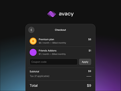 Checkout Modal black blockchain blue checkout crypto dark dark mode graphic design invoice overlay payment plan plans popup pricing purple ui