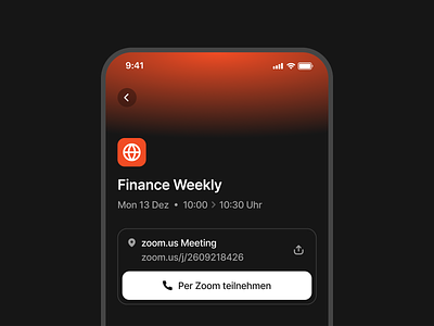 Calendar Event with Meeting Link app calendar conferencing connection dark darkmode event events glow integration ios join link meeting mobile mobile app orange simple