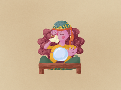 sally the sneezing soothsayer. alliteration illustration character colorful crystal ball fortune girl gypsy illustration sneeze texture