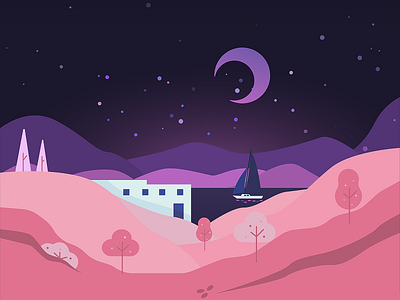 Fredelig dark design hills house illustration illustrator minimal mountains night pink purple red river sea simple vector violet yacht