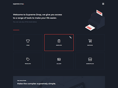 Supreme Drop - Landing Page UI animation app branding css dark theme dark ui design flat html illustration isometric landing landing page minimal typography ui ux vector web website