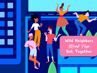 Wild Neighbors Roof Top Get Together city color design illustration night life party people roof top san francisco tech vector