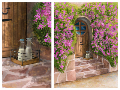 Door in the spring sunshine bottled milk cartoon design door flowering bushes illustration photoshop spring sun sunshine