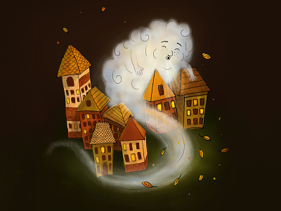 Illustration for a children's book Autumn and the North Wind book book design cartoon character cloud design fog houses north wind shine tube illustration wind