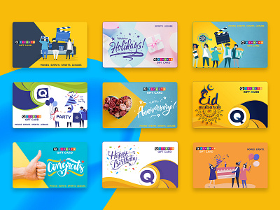 Gift Card Designs anniversary birthday card card card game card design congrats design events flat gift card holiday illustraion loyalty minimal movies party purple trendy typography design yellow