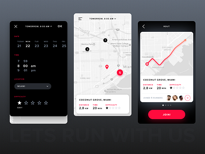 Run together app black card filters interface map mobile pin run sport ui ux