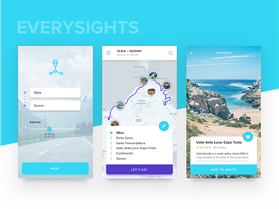 Everysights card interface map route sights sketch swipe travel ui ux