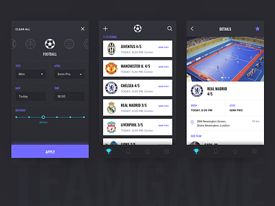 Teamgame city filter football game interface mobile profile sport tem ui ux