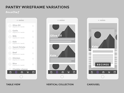 SousChef - Pantry Wireframe Variations apps cooking ux wireframes