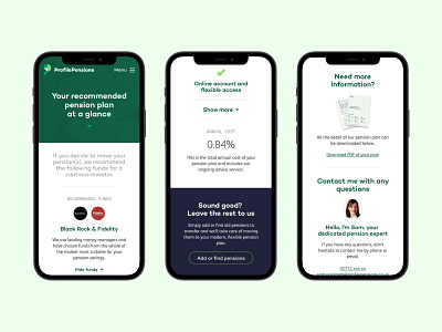 Profile Pensions: Plan summary benefits branding cta financial services fintech green mobile pensions pricing product summary typography ux web