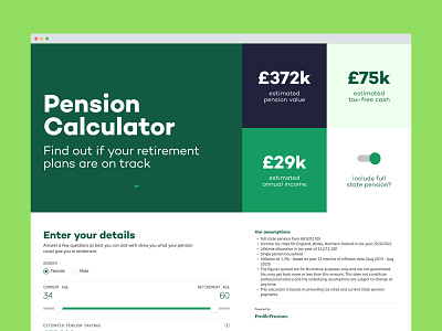 Profile Pensions: Pension Calculator branding calculator desktop fintech green pensions typography ui web