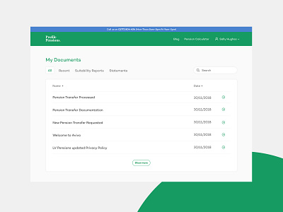 Profile Pensions: Account Hub My Documents account documents fin tech pensions ui ux