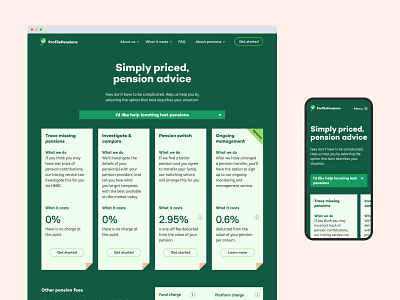 Profile Pensions: Pricing branding charges design fees fin tech green pensions pricing pricing page pricing table responsive web