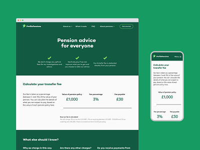 Profile Pensions: (More) Pricing branding calculator fin tech green pensions pricing page simple ui web