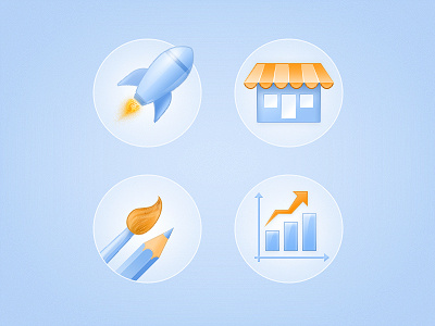 Website Icons blue brush chart icons orange pencil rocket shop web