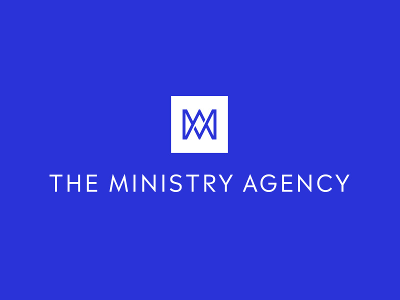 The Ministry Agency sans serif icon square logo blue and white overlap square blue branding
