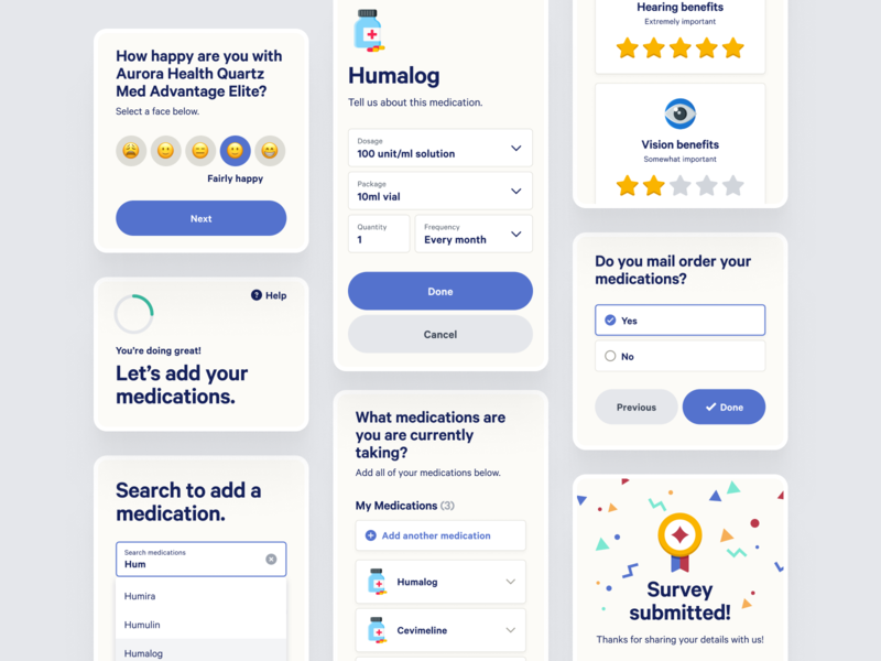 Spark Survey Steps add flow dose drugs emoji form medical medicare medication mobile progress questionairre quiz steps submitted success success state web app