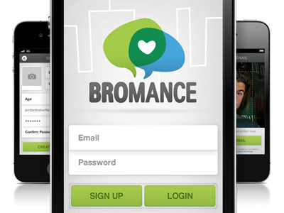 Bromance welcome screen blue bro green intro iphone login sign up start