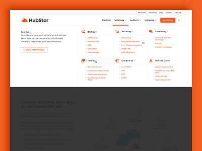 Hubstor Mega Menu cloud storage data mega menu navigation orange tech technology ux