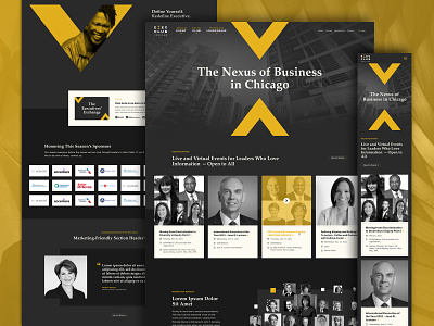Executives Club of Chicago - Homepage design, desktop & mobile architecture arrows black and white branding chevron chicago gold grayscale overlay people portrait professional sophisticated texture ui ux website yellow