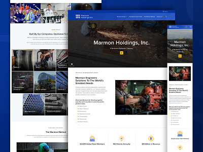 Marmon Holdings - Homepage, desktop and mobile accessibility blue branding clean design gold impactful industry overlay people photography professional responsive simple sophisticated texture ui ux website