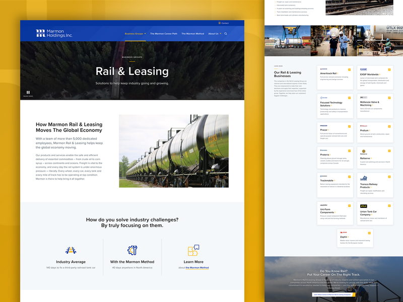 Marmon Holdings, Inc. - Rail & Leasing page accessibility blue branding clean design gold impactful industry overlay people photography professional responsive simple sophisticated texture ui ux website