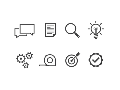 Icons for Kelly Olson Interiors' website 2d approval bullseye clean design gears icon set icons light bulb magnifying glass talk tape measure