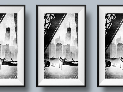 Sears Tower, from the Kinzie Bridge architecture art black and white bridge building chicago city illustration sears texture tower