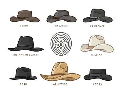 Westworld Cowboy Hats - Icon Set 2d clean color cowboy hat icon set icons illustration maze series simple westworld