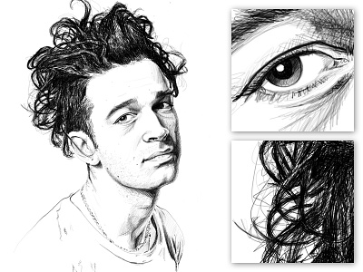 Matty Healy Portrait black and white contrast crosshatch detail eye face hair illustration musician pen portrait sketch