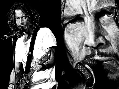 Chris Cornell Illustration black and white dramatic drawing face guitar illustration microphone musician pen portrait reverse shadow